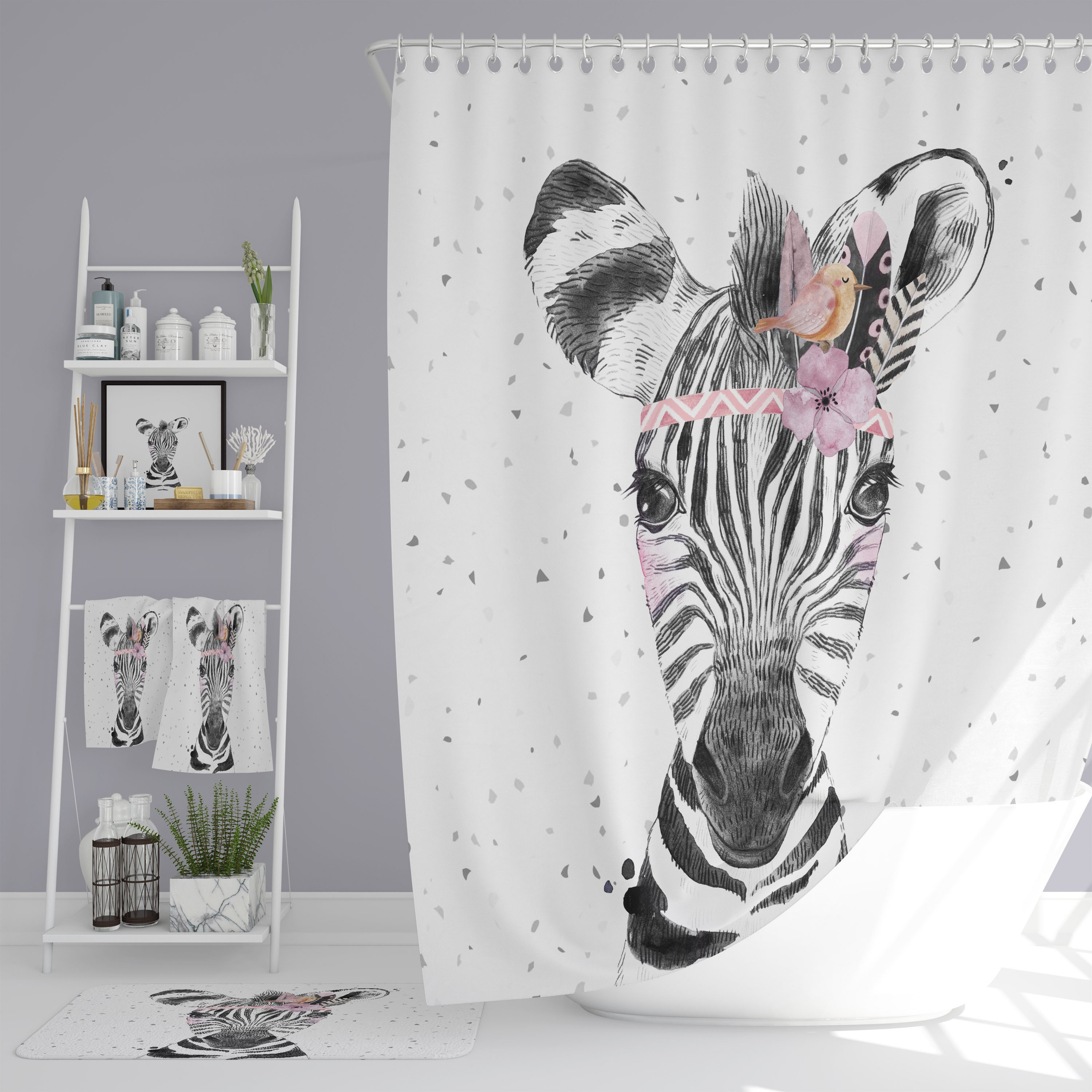 Boho Zebra Shower Curtain, add Bath Mat ,Towels with Vintage Bathroom Shower Curtains Print