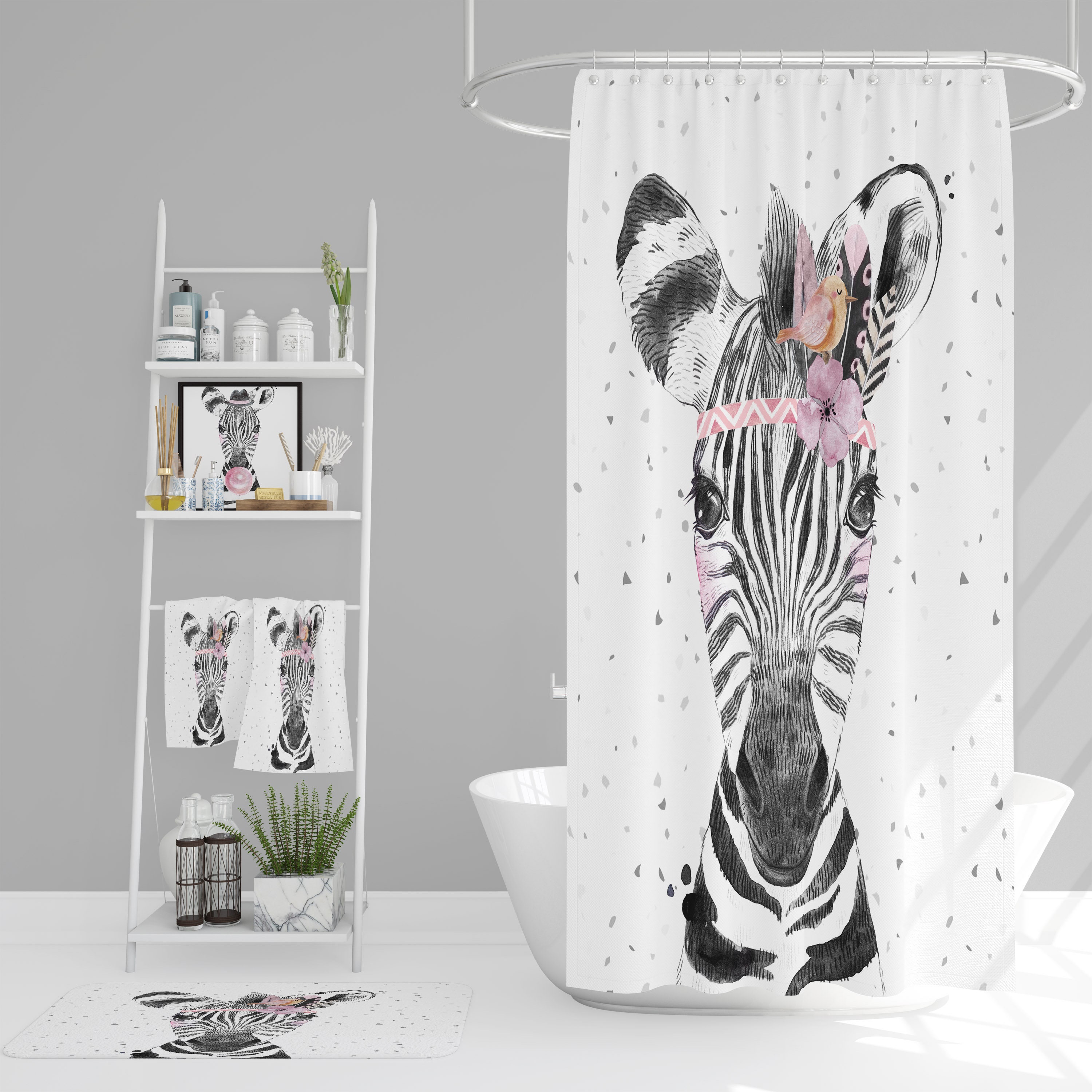 Boho Zebra Shower Curtain, add Bath Mat ,Towels with Vintage Bathroom Shower Curtains Print - Image 2