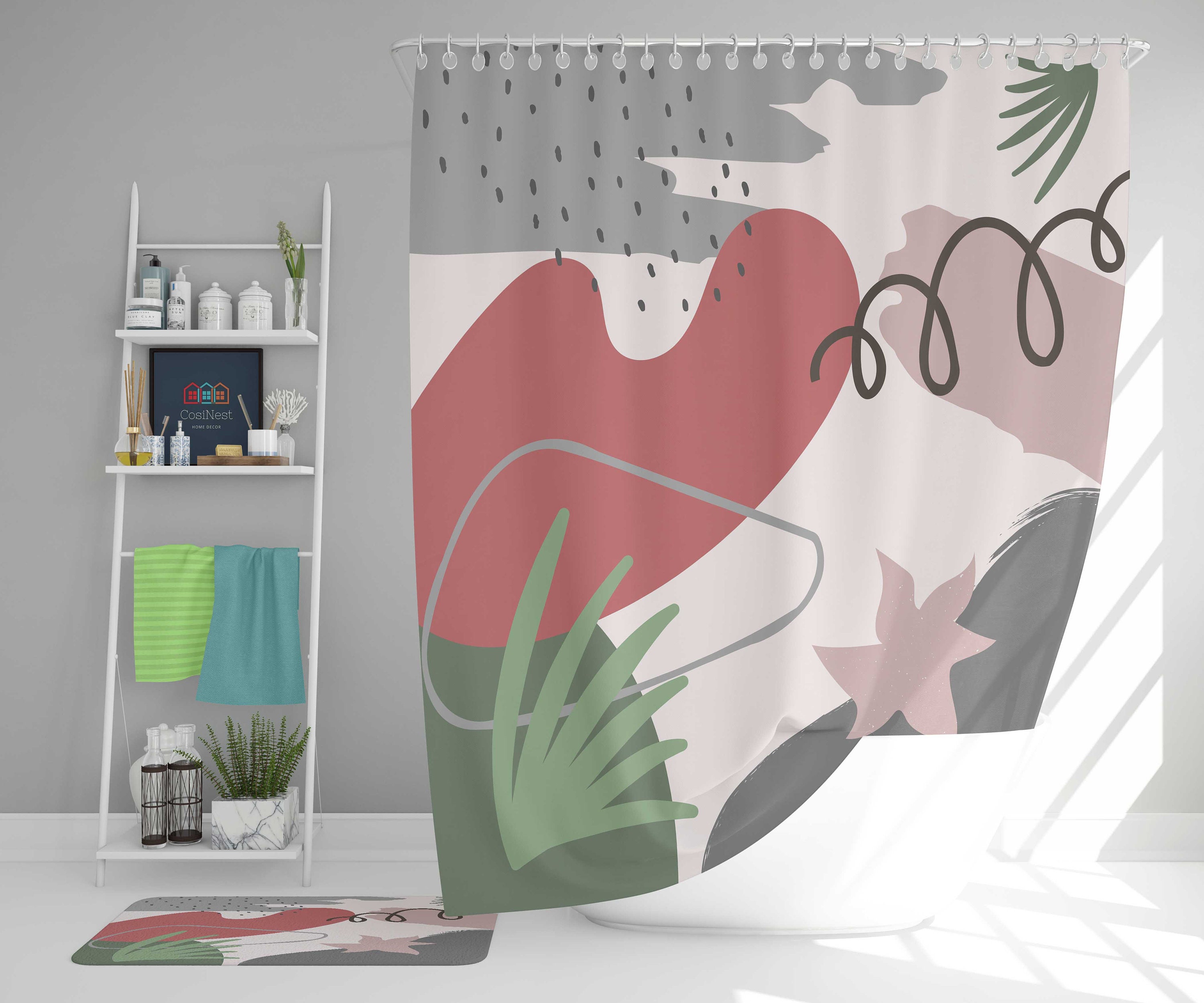 Boho leaves abstract Shower Curtain | Bohemian retro fabric Bathroom Curtain Housewarming gift