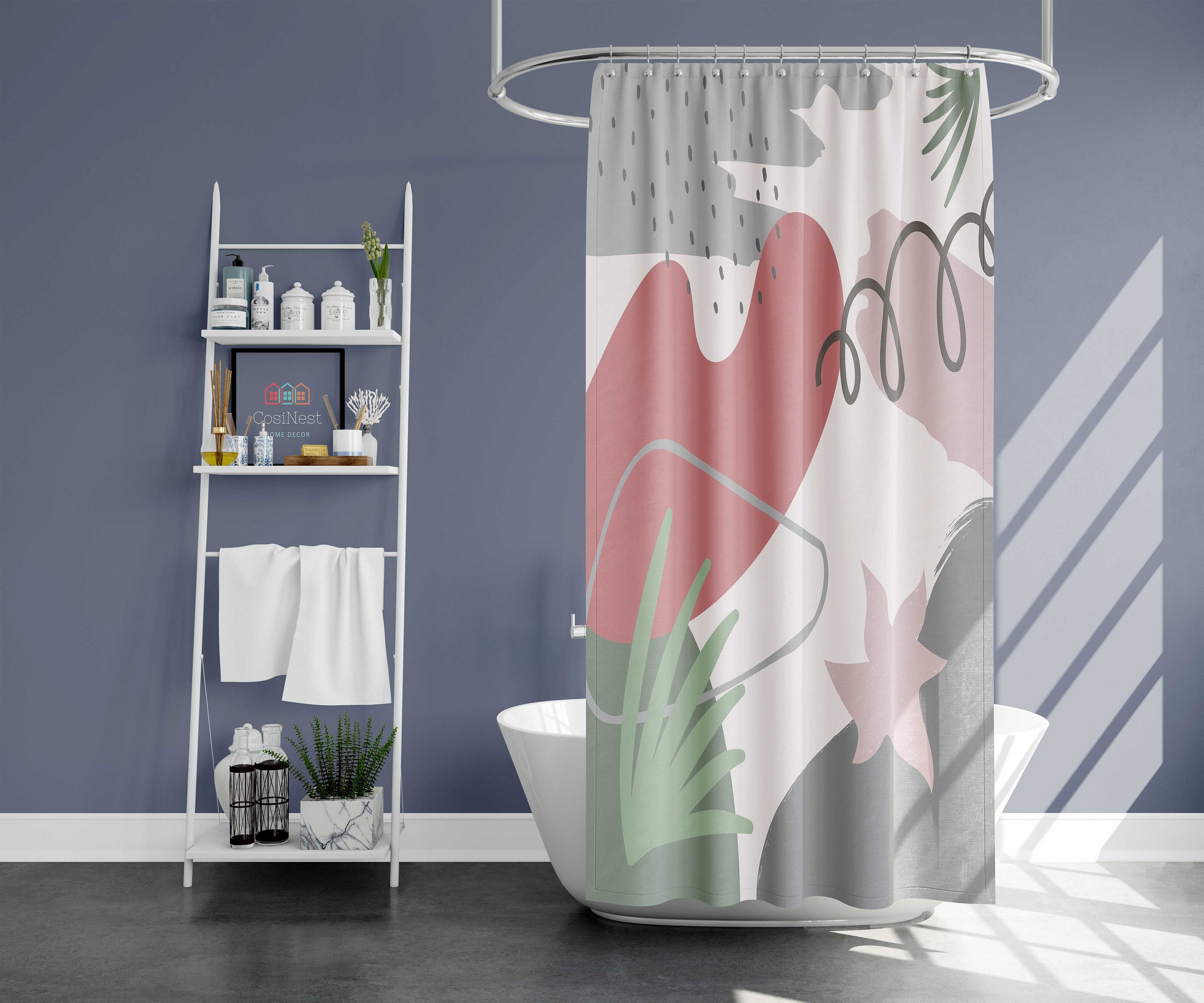 Boho leaves abstract Shower Curtain | Bohemian retro fabric Bathroom Curtain Housewarming gift - Image 2