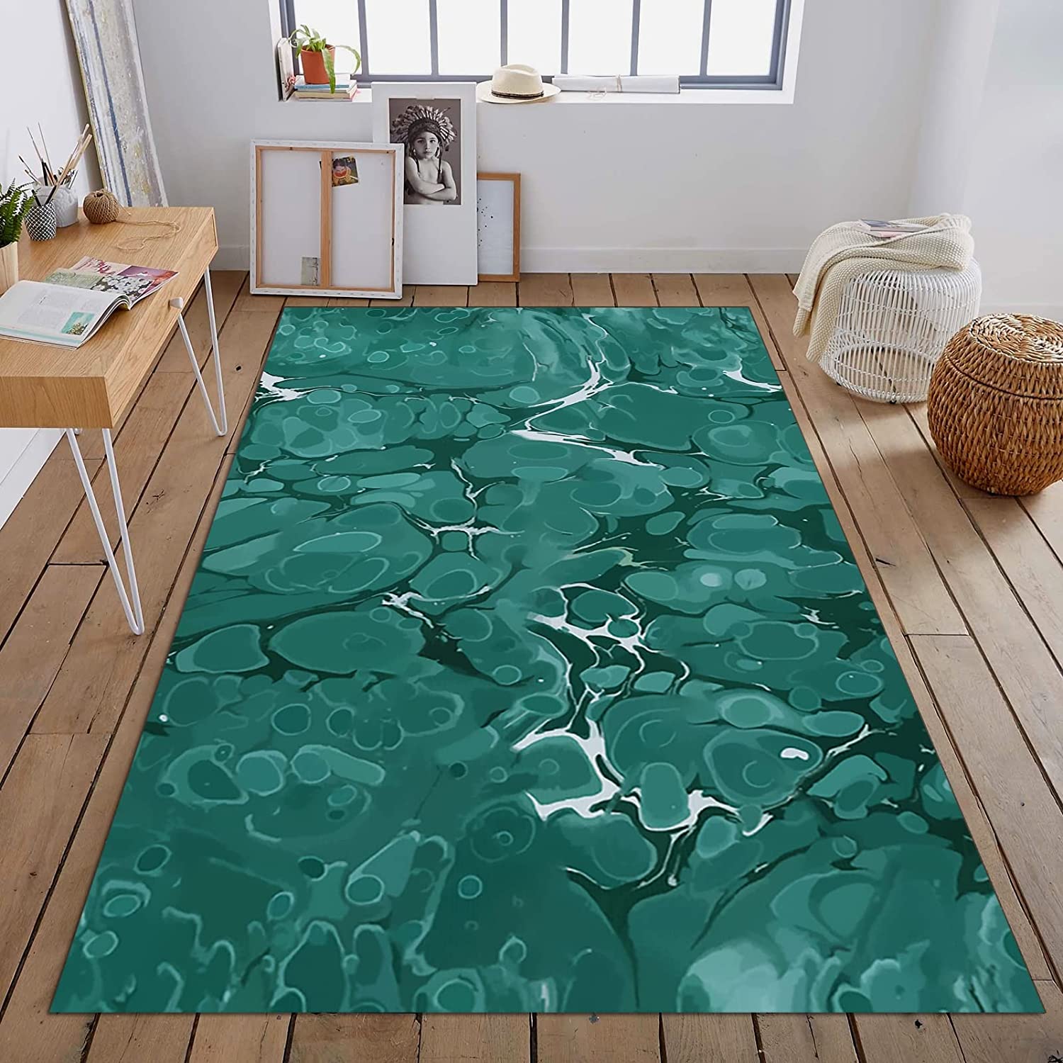 Bold 70s Emerald Green Modern Abstract Art Deco Rug for Unique Home Decor - Image 2