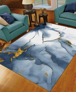 Bold 70s Style Oil Painting Area Rug with Gold Blue Color for Customizable Home Decor