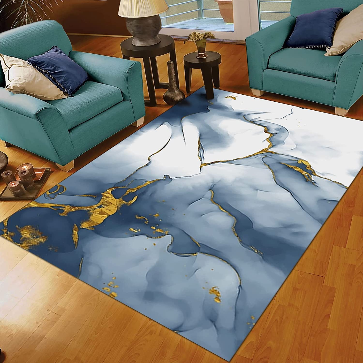 Bold 70s Style Oil Painting Area Rug with Gold Blue Color for Customizable Home Decor