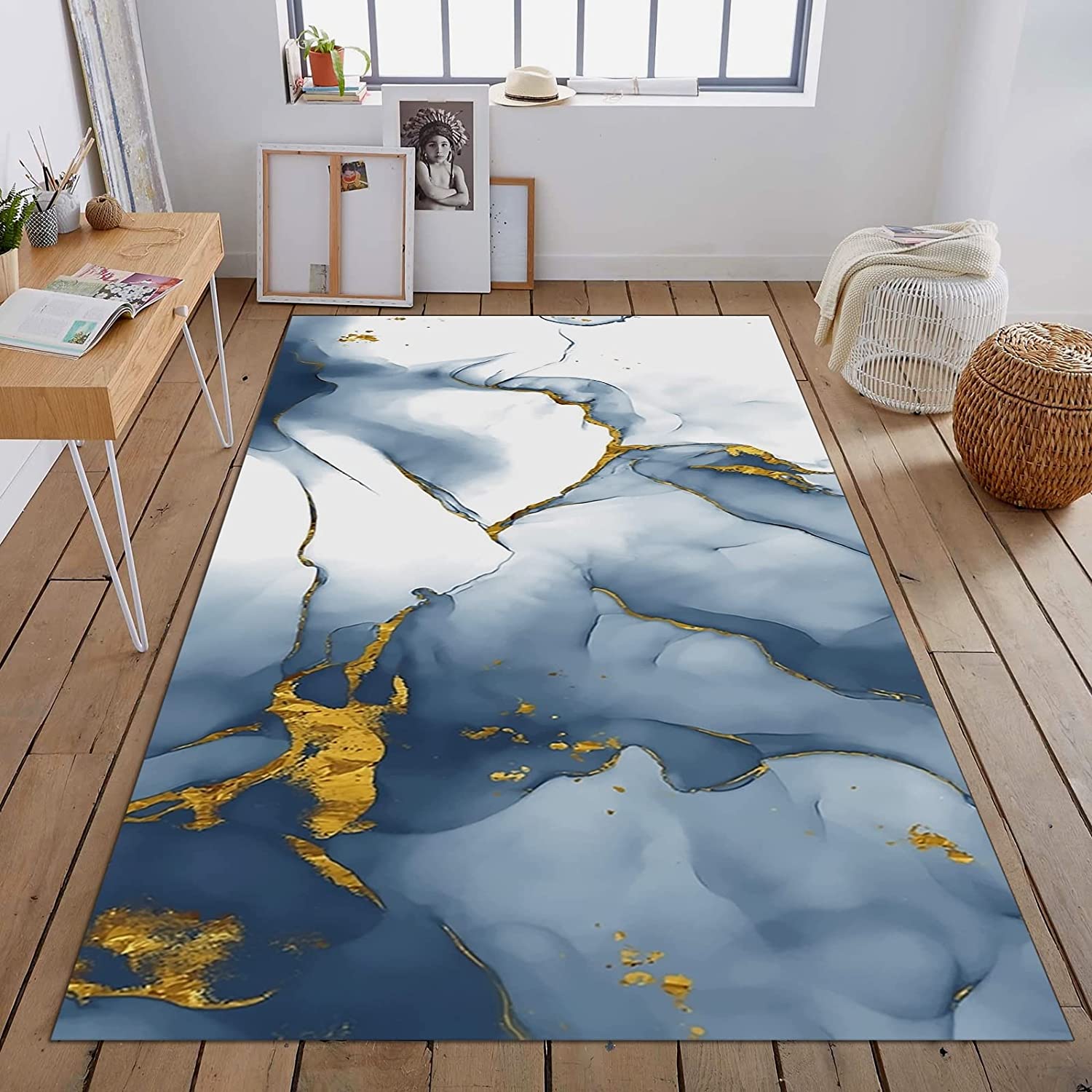 Bold 70s Style Oil Painting Area Rug with Gold Blue Color for Customizable Home Decor - Image 2