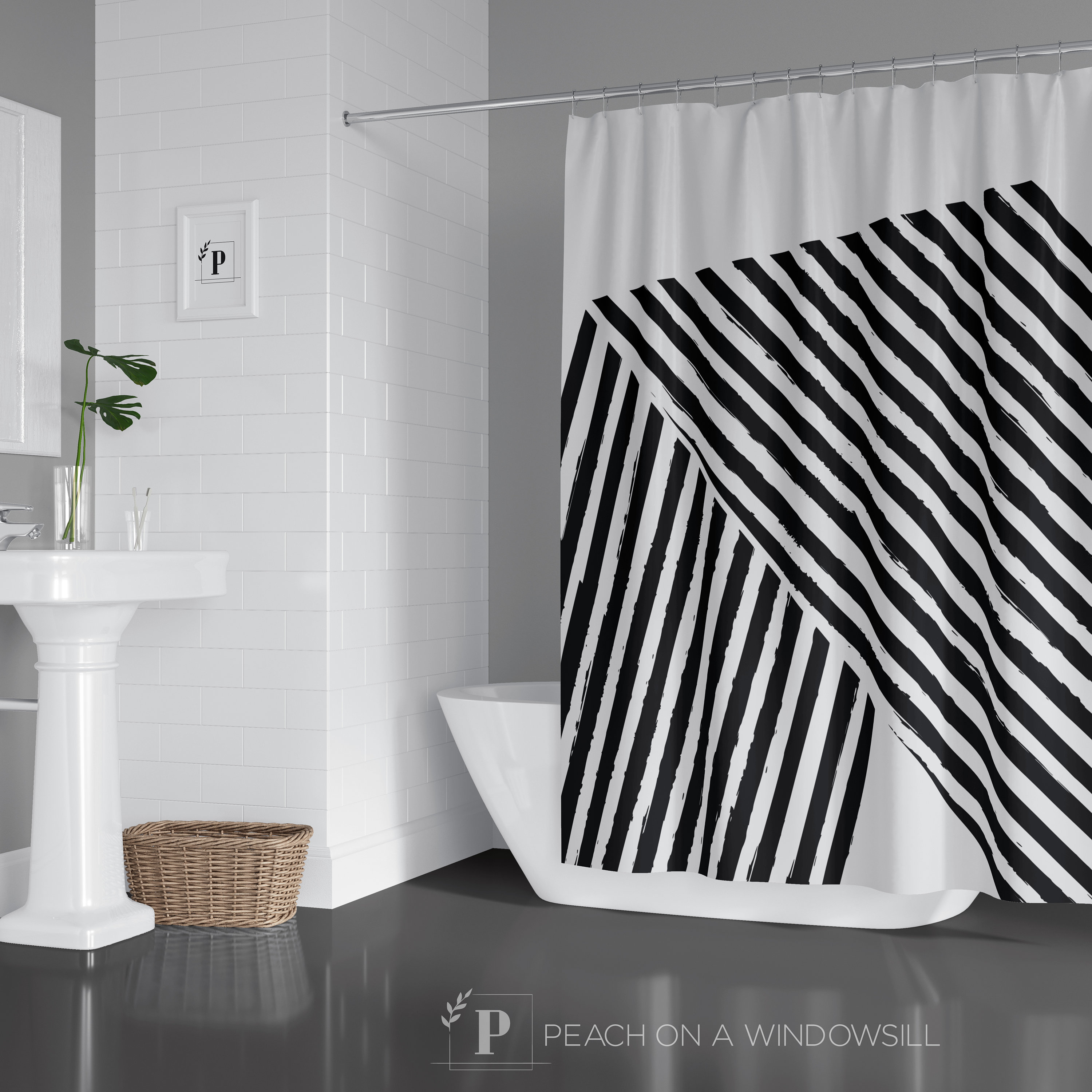 Bold Black and White Striped Shower Curtain | Designer Bathroom Decor | 71x74 | At Home Shower Curtains