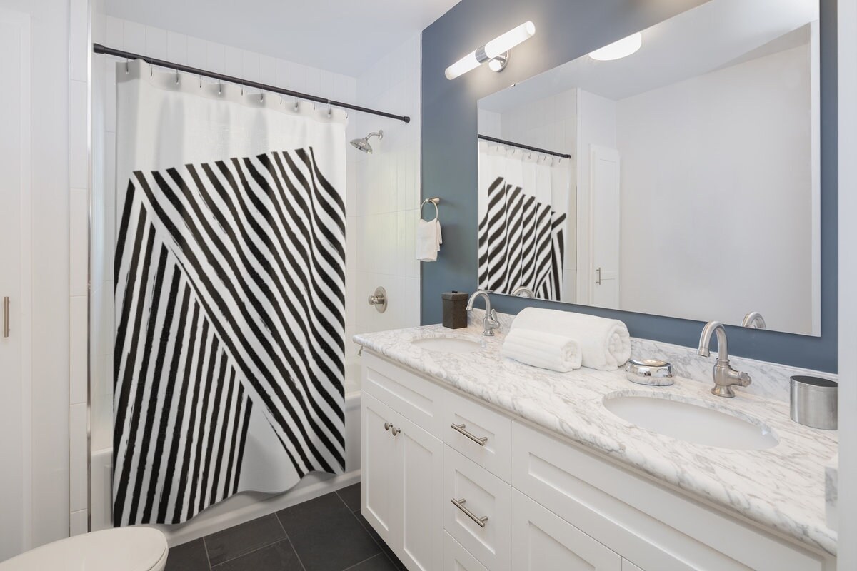 Bold Black and White Striped Shower Curtain | Designer Bathroom Decor | 71x74 | At Home Shower Curtains - Image 2