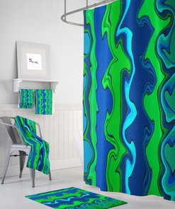 Bold Blue and Green Abstract Art Shower Curtain for Eye-catching and Creative Bathroom Decor
