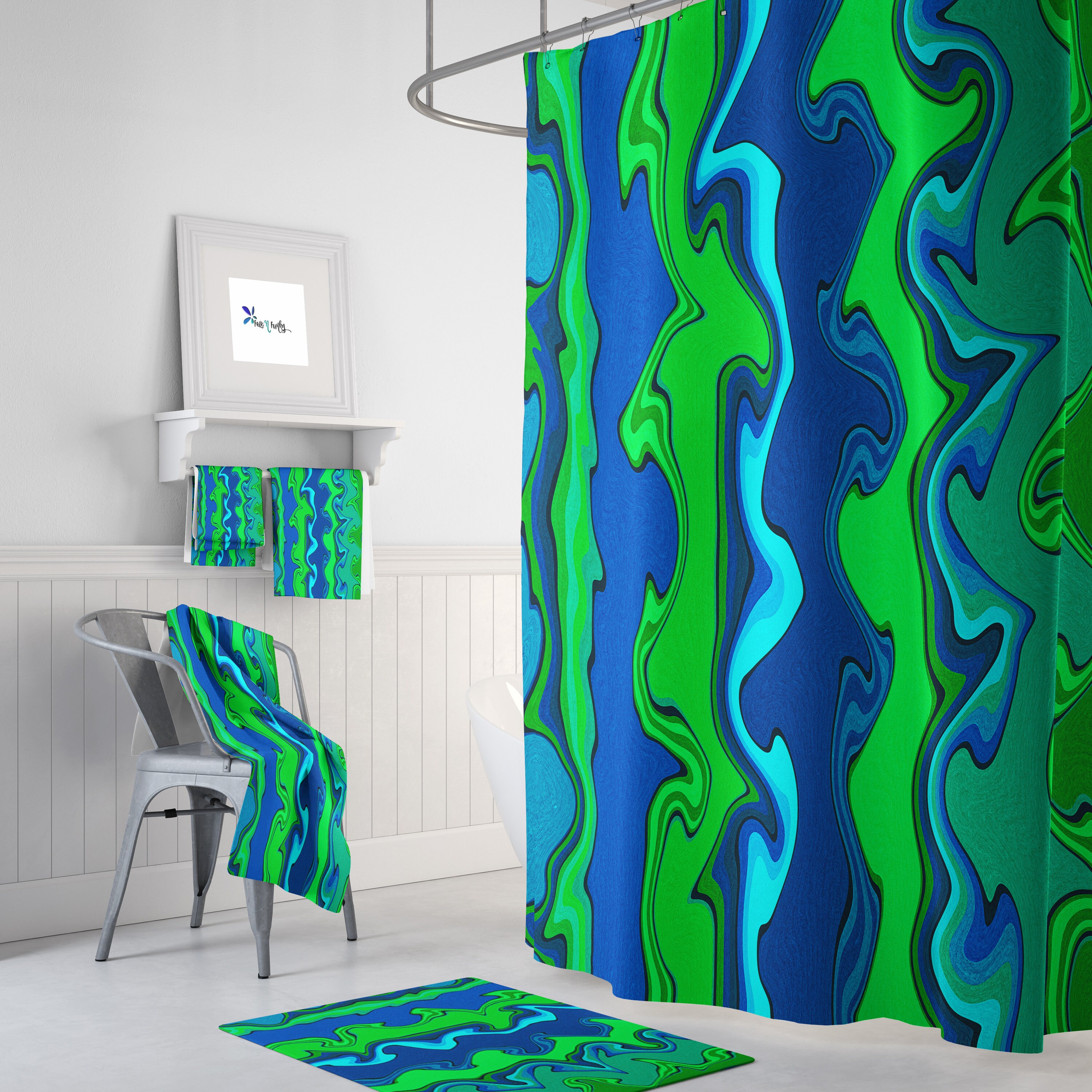Bold Blue and Green Abstract Art Shower Curtain for Eye-catching and Creative Bathroom Decor