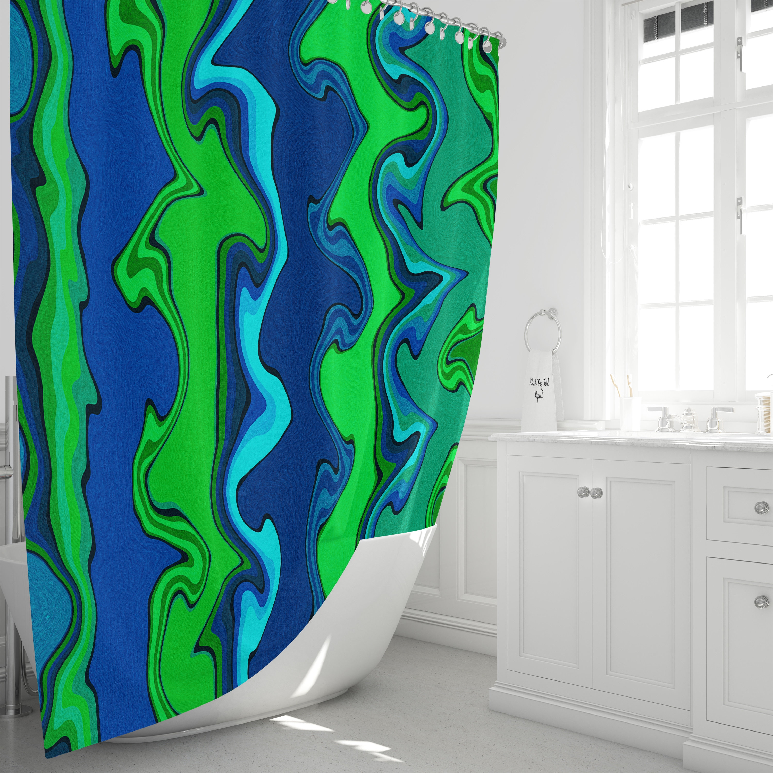 Bold Blue and Green Abstract Art Shower Curtain for Eye-catching and Creative Bathroom Decor - Image 2