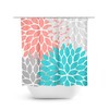 Bold Coral Aqua Gray Shower Curtain, Flower Bath Decor for Guest Bathroom with Unique Aqua Bathtub Curtain