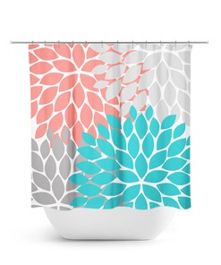 Bold Coral Aqua Gray Shower Curtain, Flower Bath Decor for Guest Bathroom with Unique Aqua Bathtub Curtain