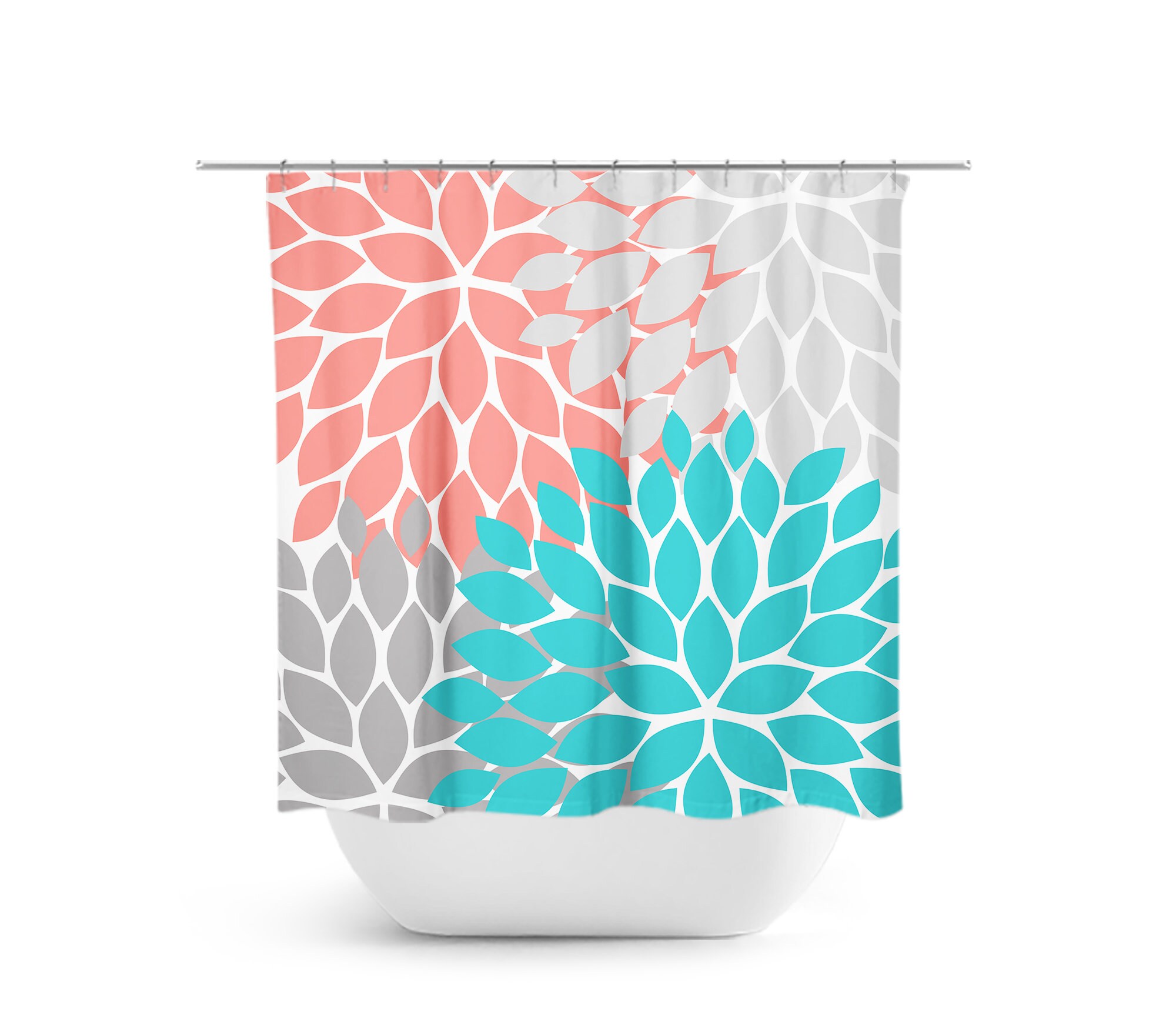 Bold Coral Aqua Gray Shower Curtain, Flower Bath Decor for Guest Bathroom with Unique Aqua Bathtub Curtain