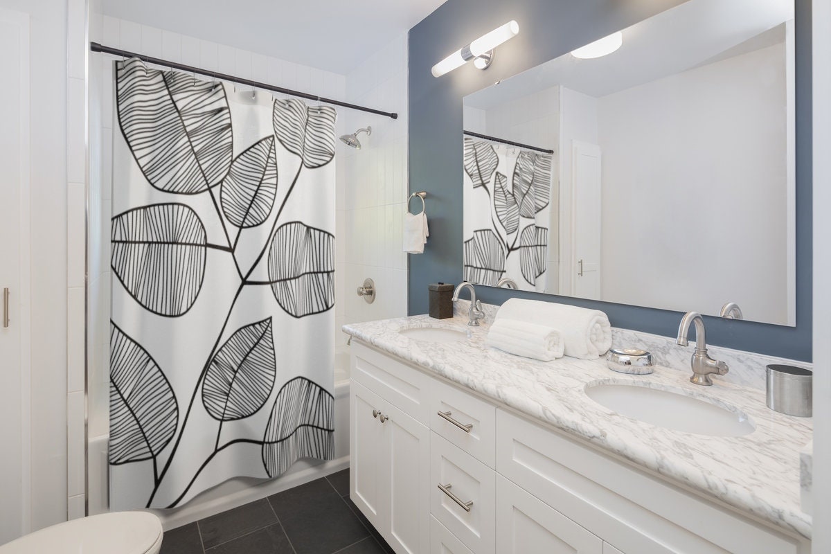 Bold Leaf Shower Curtain | Botanical Leaves Bath Curtain in 71x74 Vintage Bathroom Shower Curtains - Image 2