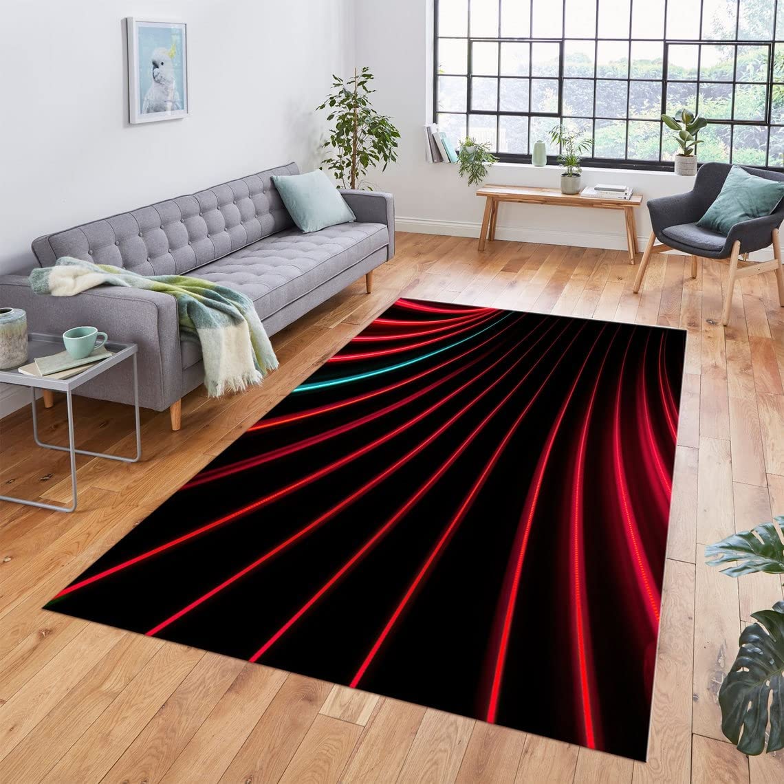 Bold Neon Black and Red Vortex Patterned Rug for Modern Living Room and Bedroom