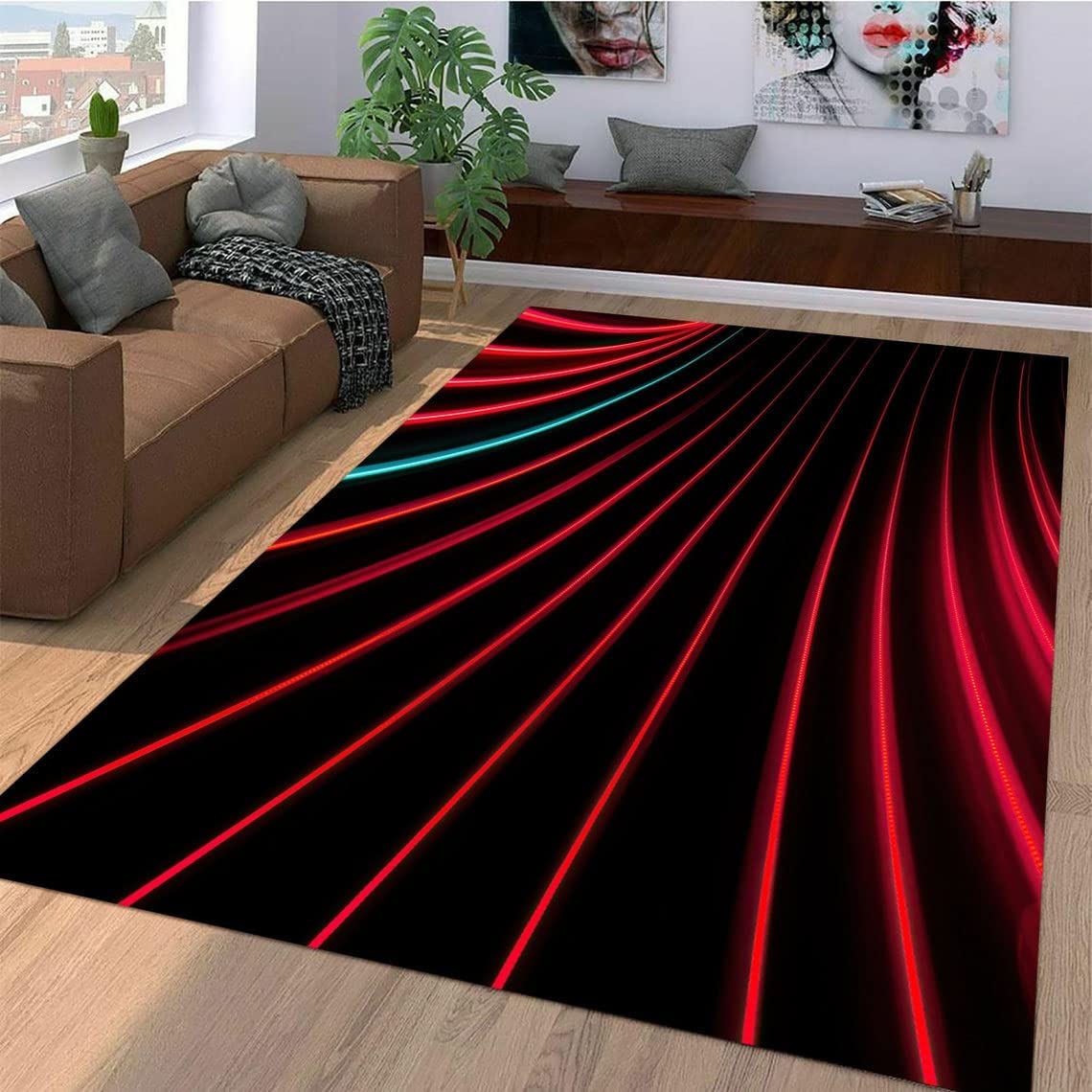 Bold Neon Black and Red Vortex Patterned Rug for Modern Living Room and Bedroom - Image 2