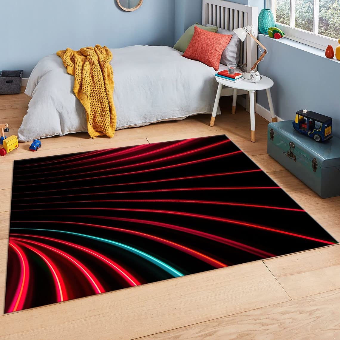 Bold Neon Black and Red Vortex Patterned Rug for Modern Living Room and Bedroom - Image 3