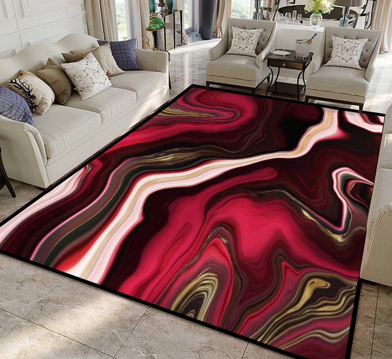 Bold and Unique Ruby Red Black Gold Marble Decor Art Rugs for Stylish Indoor and Outdoor Decor - Image 2