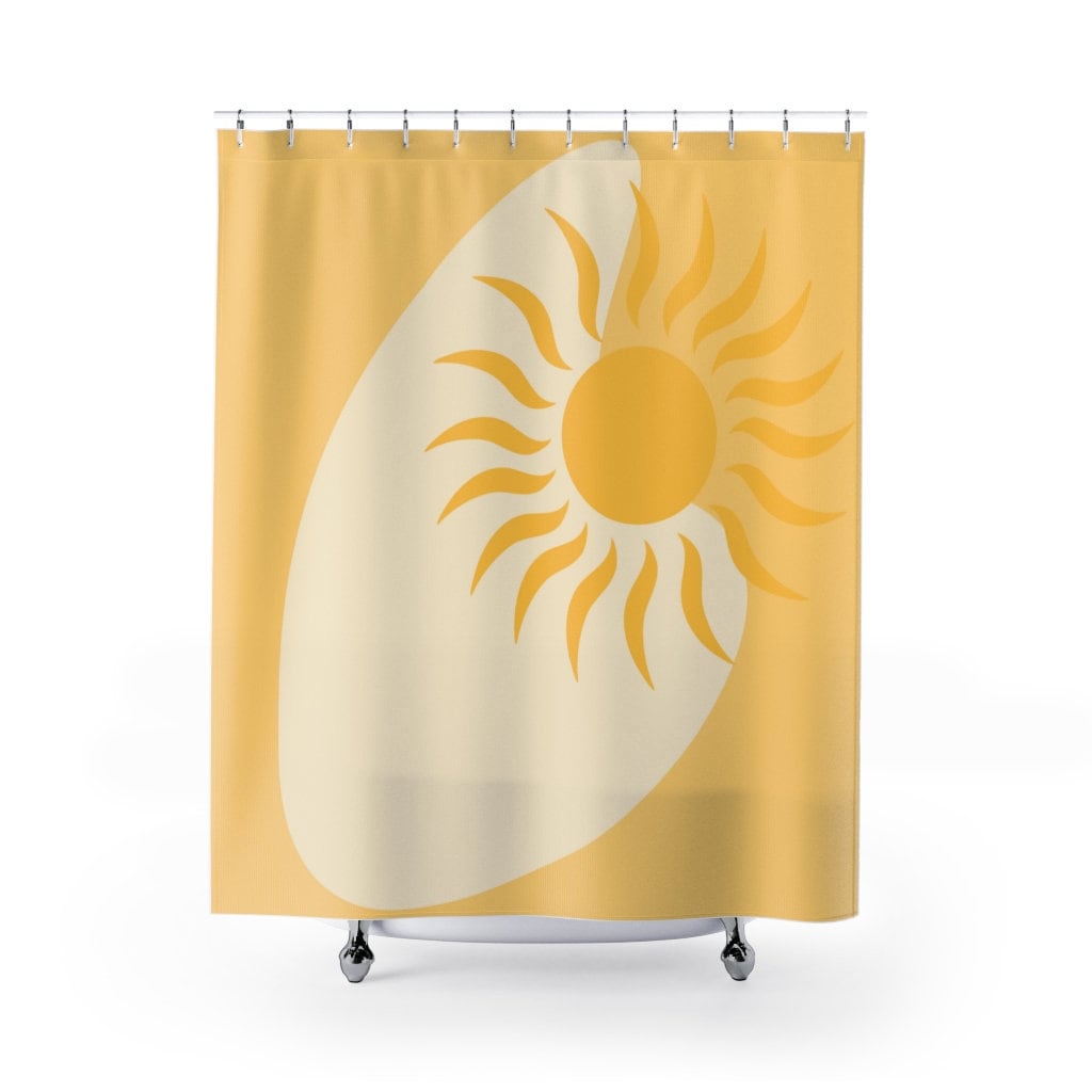 Boomerang Yellow Sun Mid Mod MCM Shower Curtain for a Retro Boho Bathroom