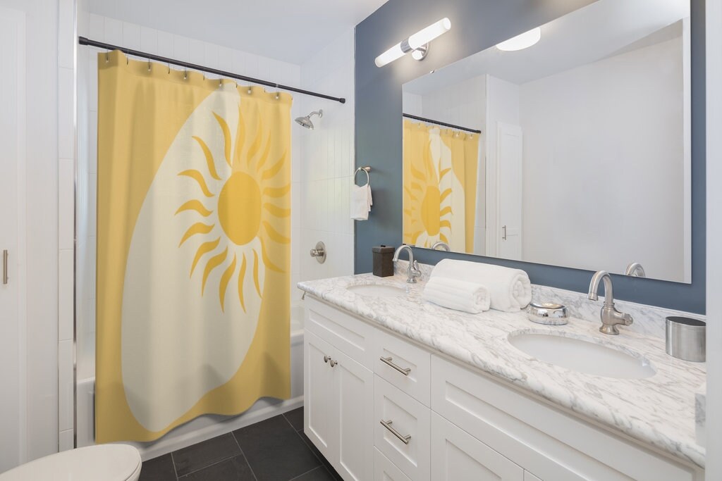 Boomerang Yellow Sun Mid Mod MCM Shower Curtain for a Retro Boho Bathroom - Image 2