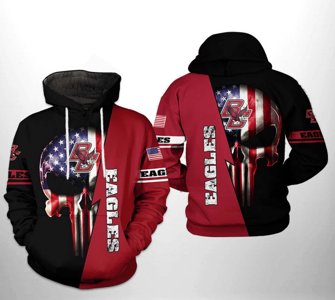 Boston College Eagles NCAA US Flag Skull Zip Up Hoodie