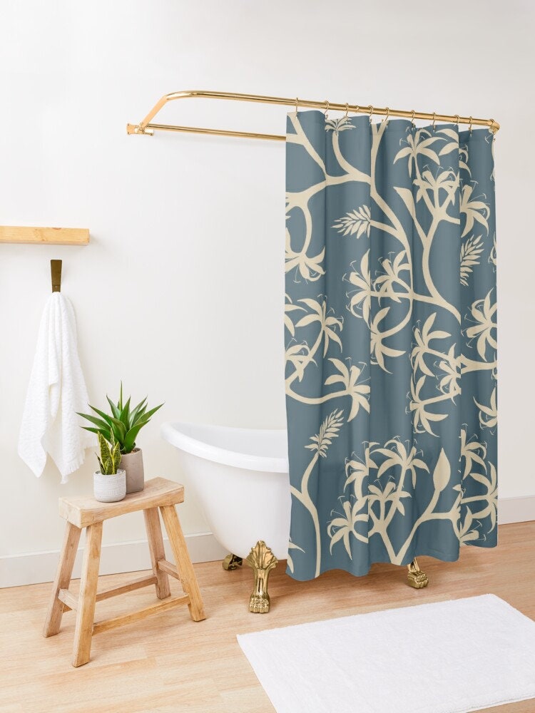 Botanic Blue Boho Shower Curtain, Eco-Friendly and Unique Bathroom Decor - Image 2