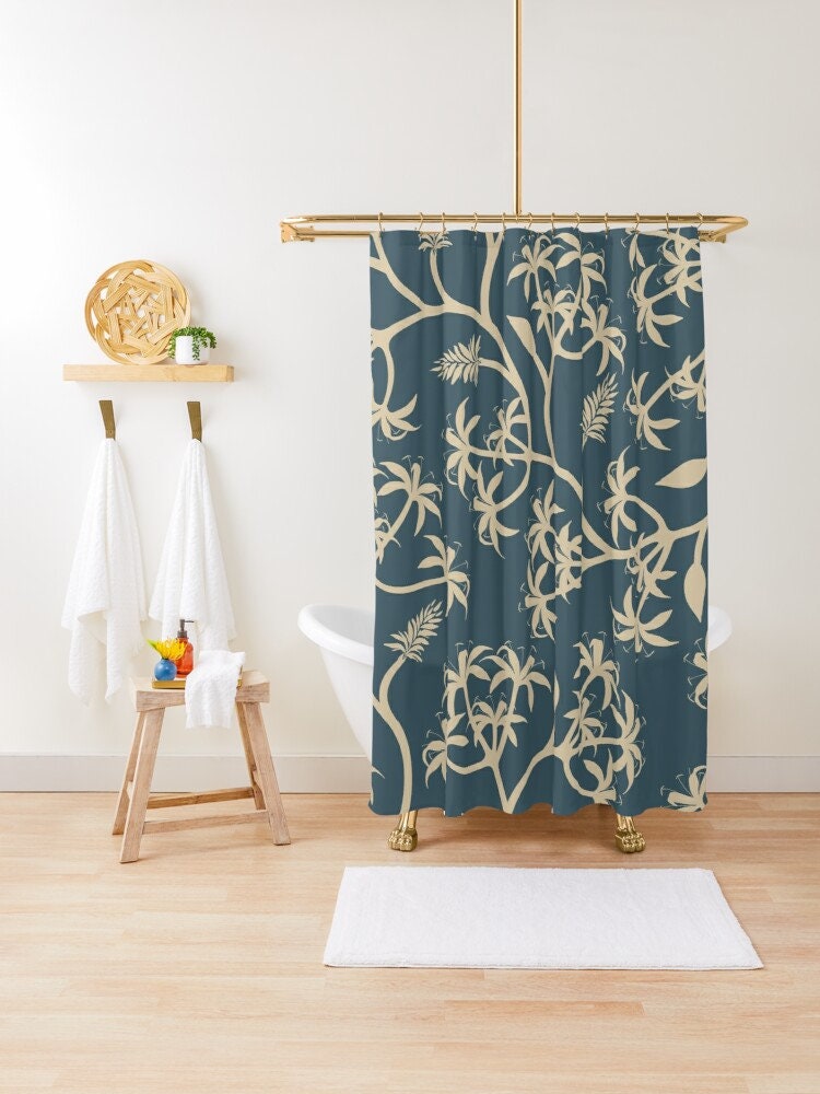 Botanic Blue Boho Shower Curtain, Eco-Friendly and Unique Bathroom Decor - Image 3