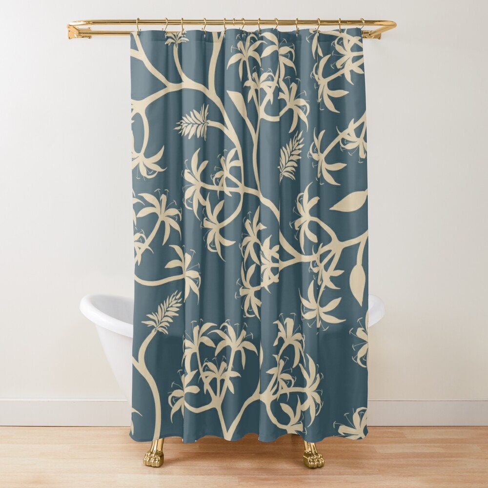 Botanic Blue Boho Shower Curtain, Eco-Friendly and Unique Bathroom Decor - Image 4