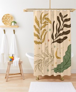 Botanic and Floral Shower Curtain - Boho Bathroom Decor Featuring Eco-Friendly Materials - Waterproof and Includes Hooks