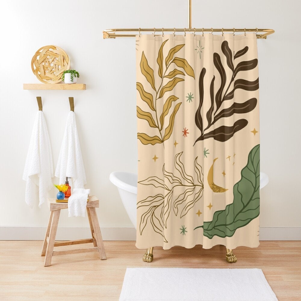 Botanic and Floral Shower Curtain - Boho Bathroom Decor Featuring Eco-Friendly Materials - Waterproof and Includes Hooks