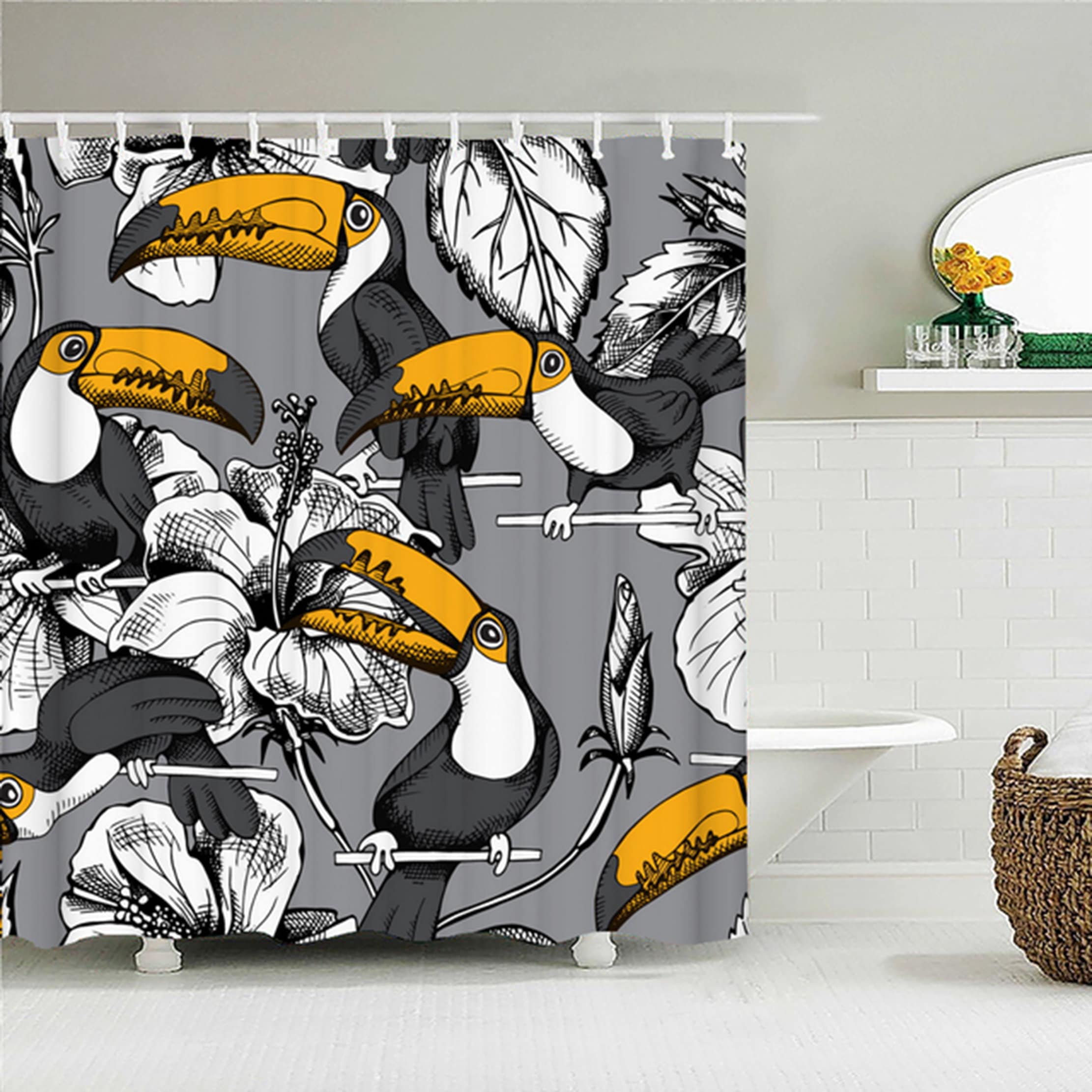 Botanical Bird Black & White Shower Curtain, Toucan Flower Wildlife Forest, Fabric Bathroom Curtain