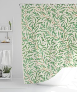 Botanical Boho Shower Curtain, Art Nouveau Green Leaves Design, Eco-Friendly Bath Decor