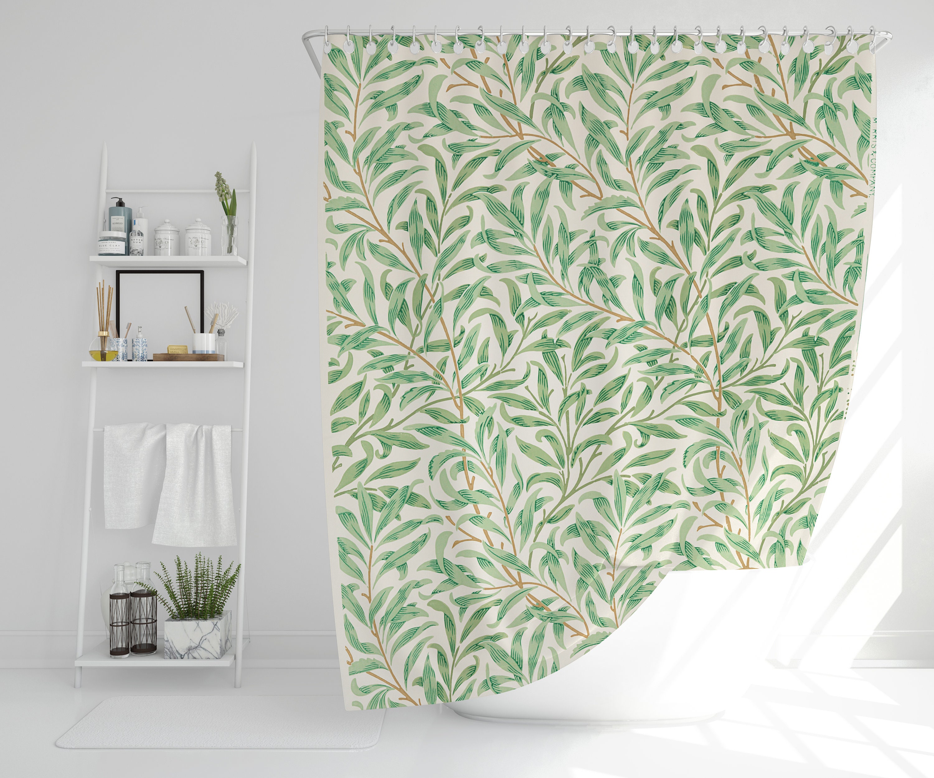 Botanical Boho Shower Curtain, Art Nouveau Green Leaves Design, Eco-Friendly Bath Decor