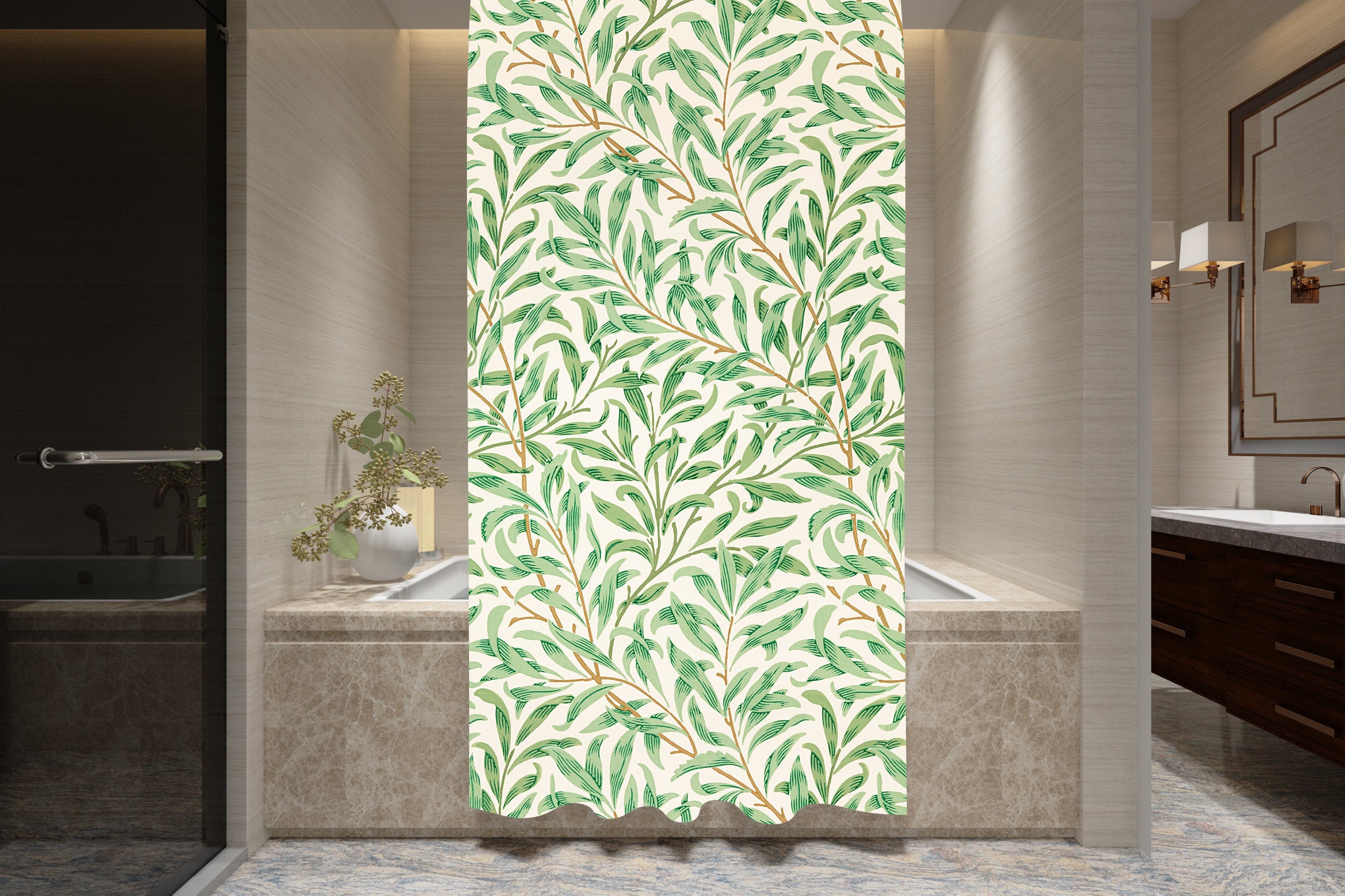Botanical Boho Shower Curtain, Art Nouveau Green Leaves Design, Eco-Friendly Bath Decor - Image 2