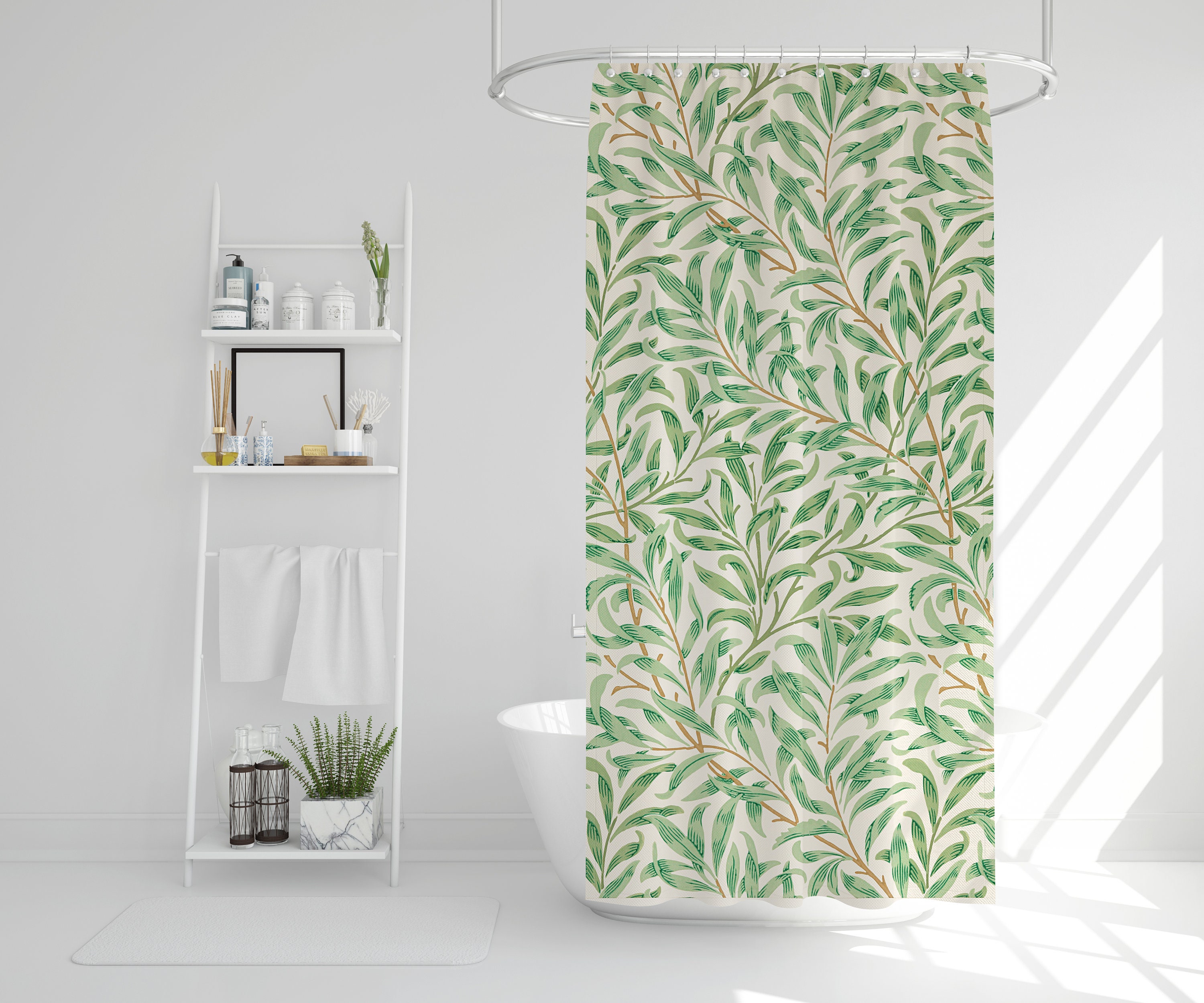 Botanical Boho Shower Curtain, Art Nouveau Green Leaves Design, Eco-Friendly Bath Decor - Image 3
