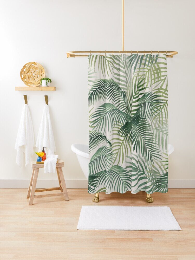 Botanical Boho Shower Curtain, Art Nouveau Green Leaves Design, Vibrant Bath Decor