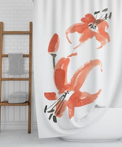 Botanical Floral Minimalist Shower Curtain | Japanese Bath Decor | Red Black White Bath Curtain | Oriental Home Decor