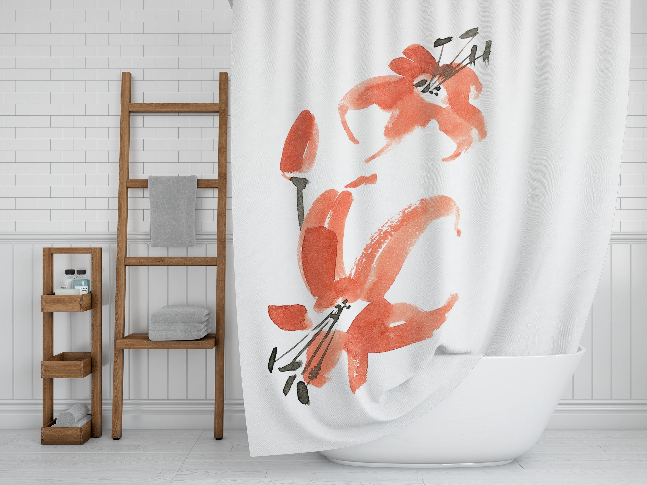 Botanical Floral Minimalist Shower Curtain | Japanese Bath Decor | Red Black White Bath Curtain | Oriental Home Decor