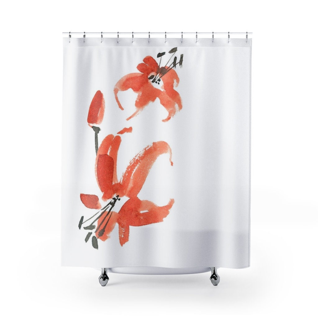 Botanical Floral Minimalist Shower Curtain | Japanese Bath Decor | Red Black White Bath Curtain | Oriental Home Decor - Image 2