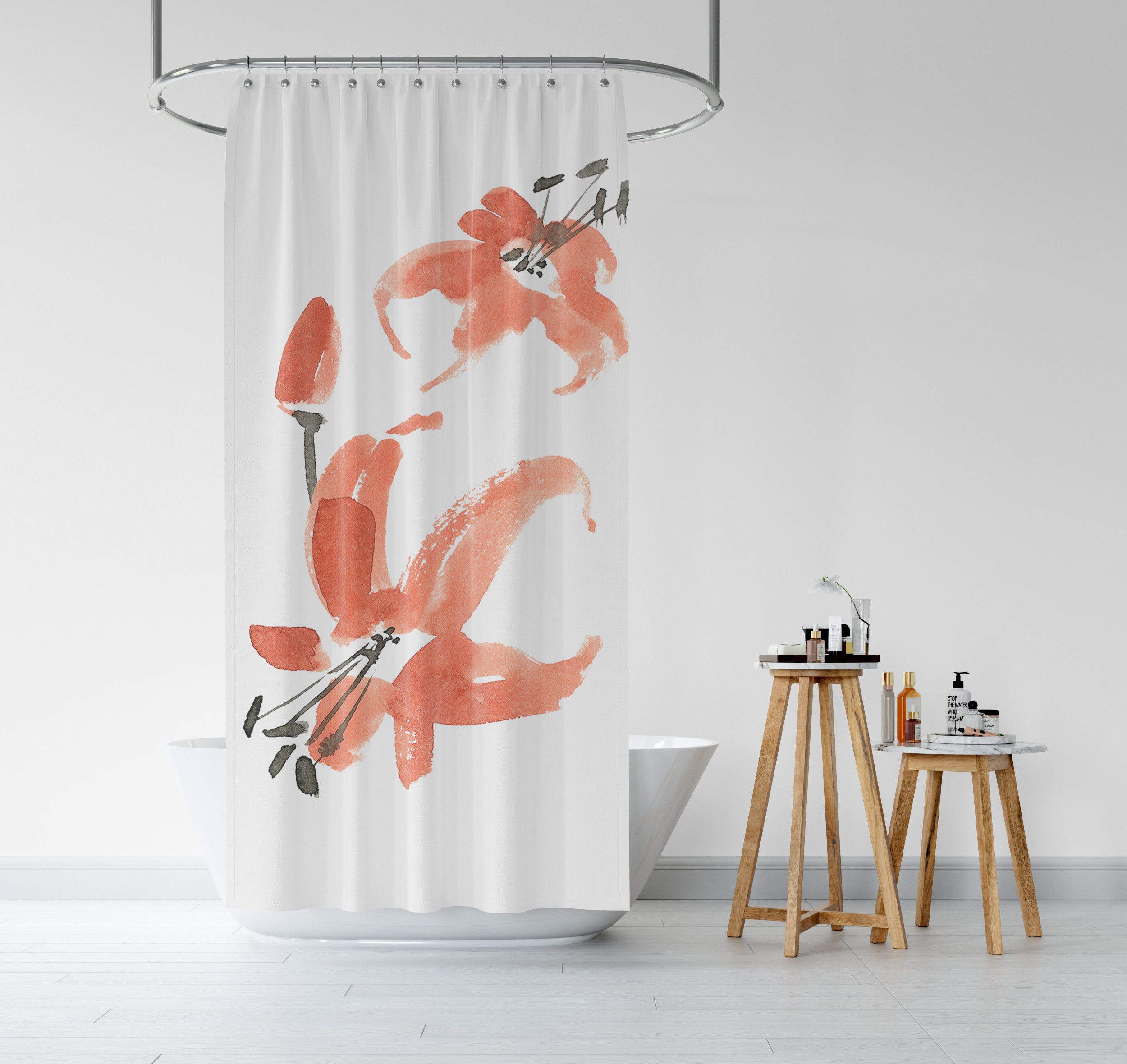 Botanical Floral Minimalist Shower Curtain | Japanese Bath Decor | Red Black White Bath Curtain | Oriental Home Decor - Image 3