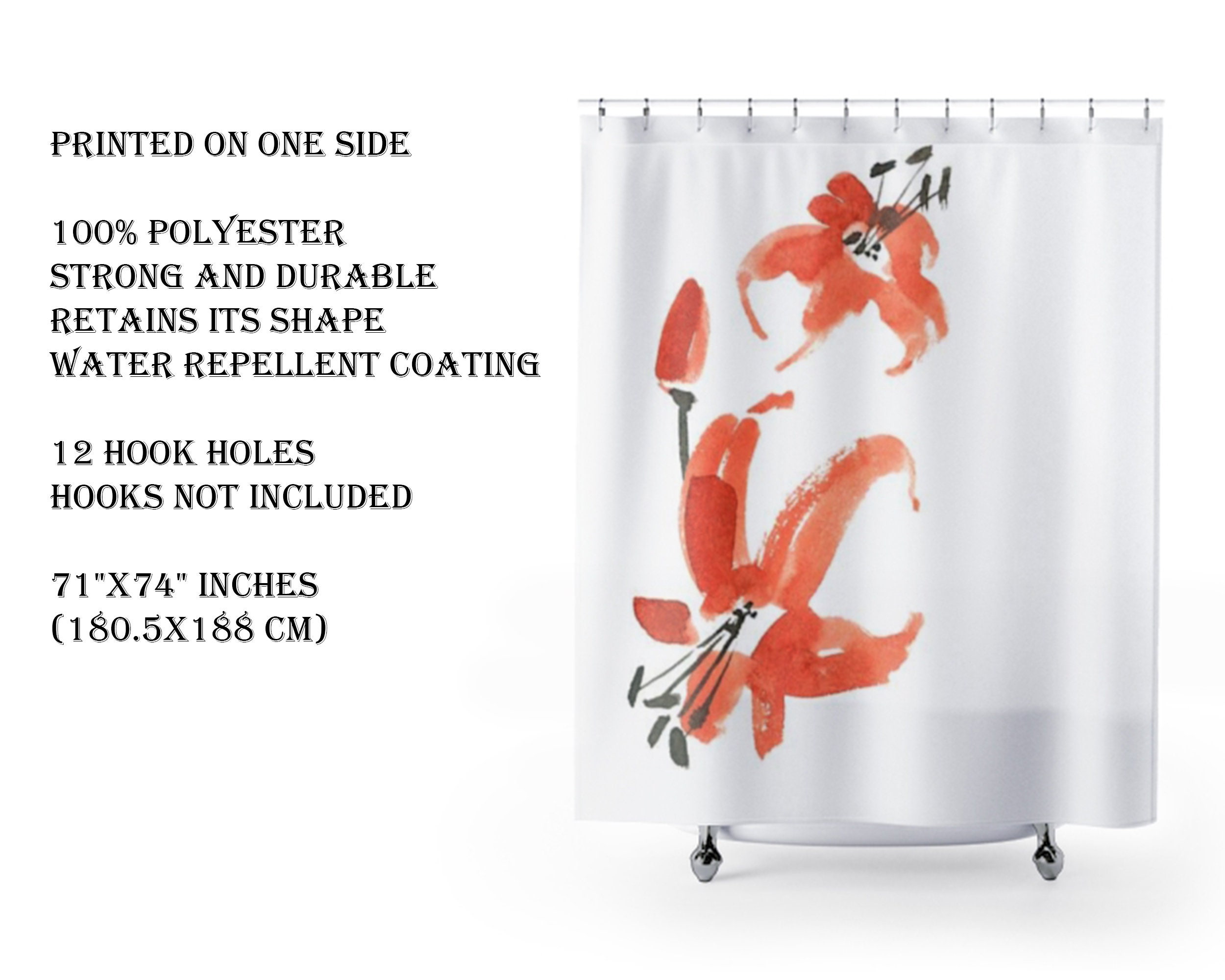 Botanical Floral Minimalist Shower Curtain | Japanese Bath Decor | Red Black White Bath Curtain | Oriental Home Decor - Image 4