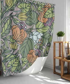 Botanical Forest Shower Curtain | Green Leaves Orange Purple Wildflowers | Waterproof Fabric Bath Curtain