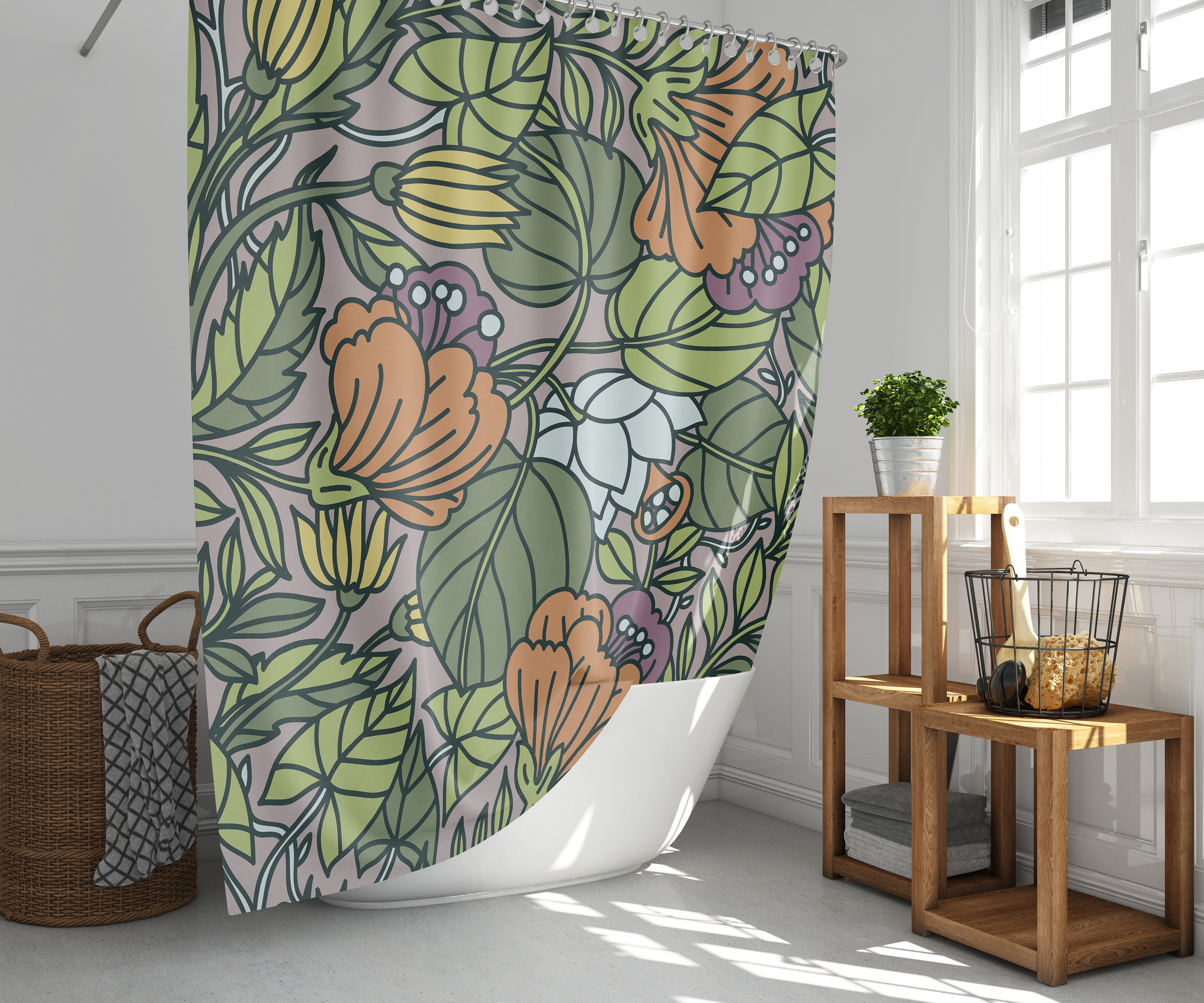 Botanical Forest Shower Curtain | Green Leaves Orange Purple Wildflowers | Waterproof Fabric Bath Curtain