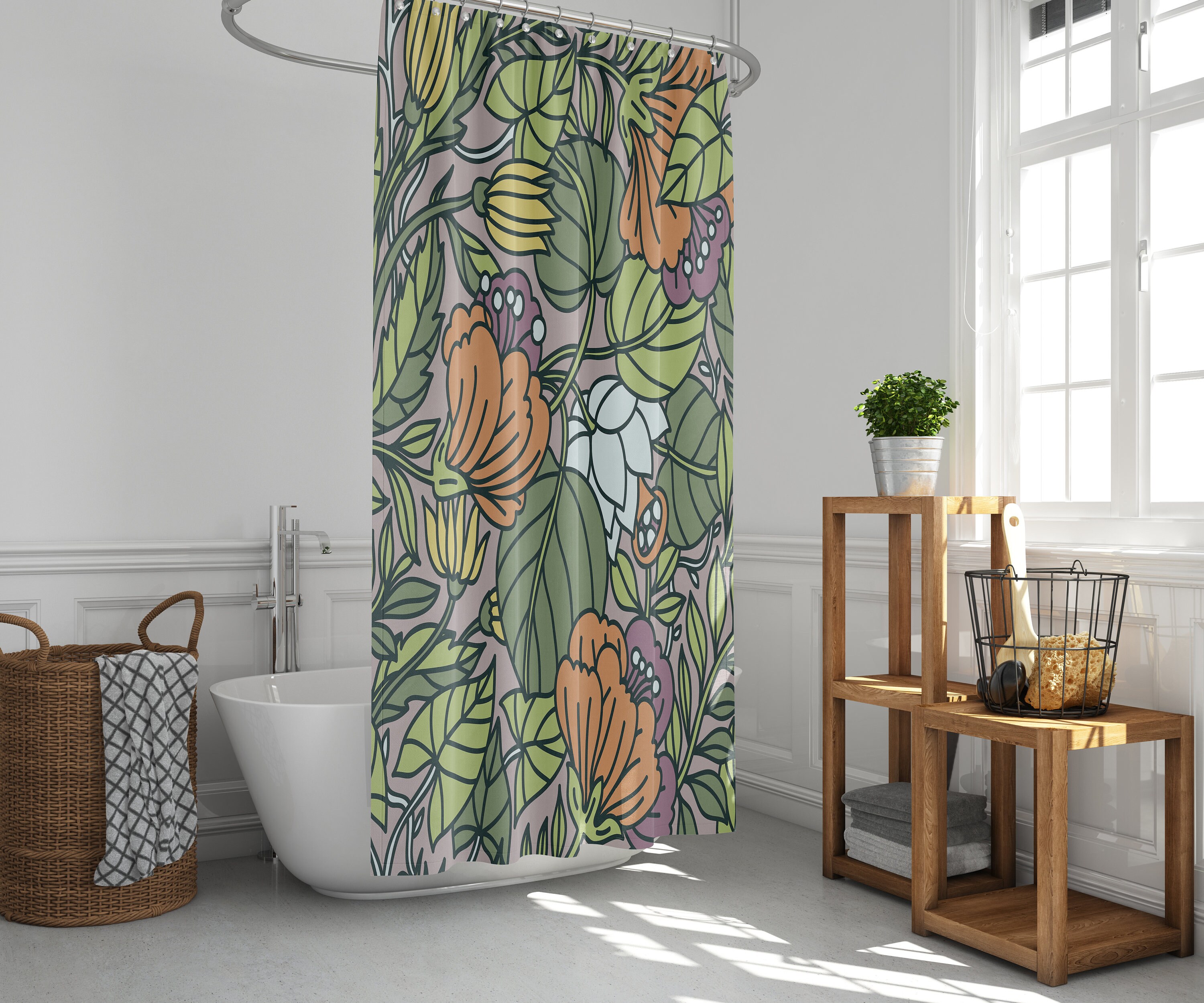 Botanical Forest Shower Curtain | Green Leaves Orange Purple Wildflowers | Waterproof Fabric Bath Curtain - Image 2