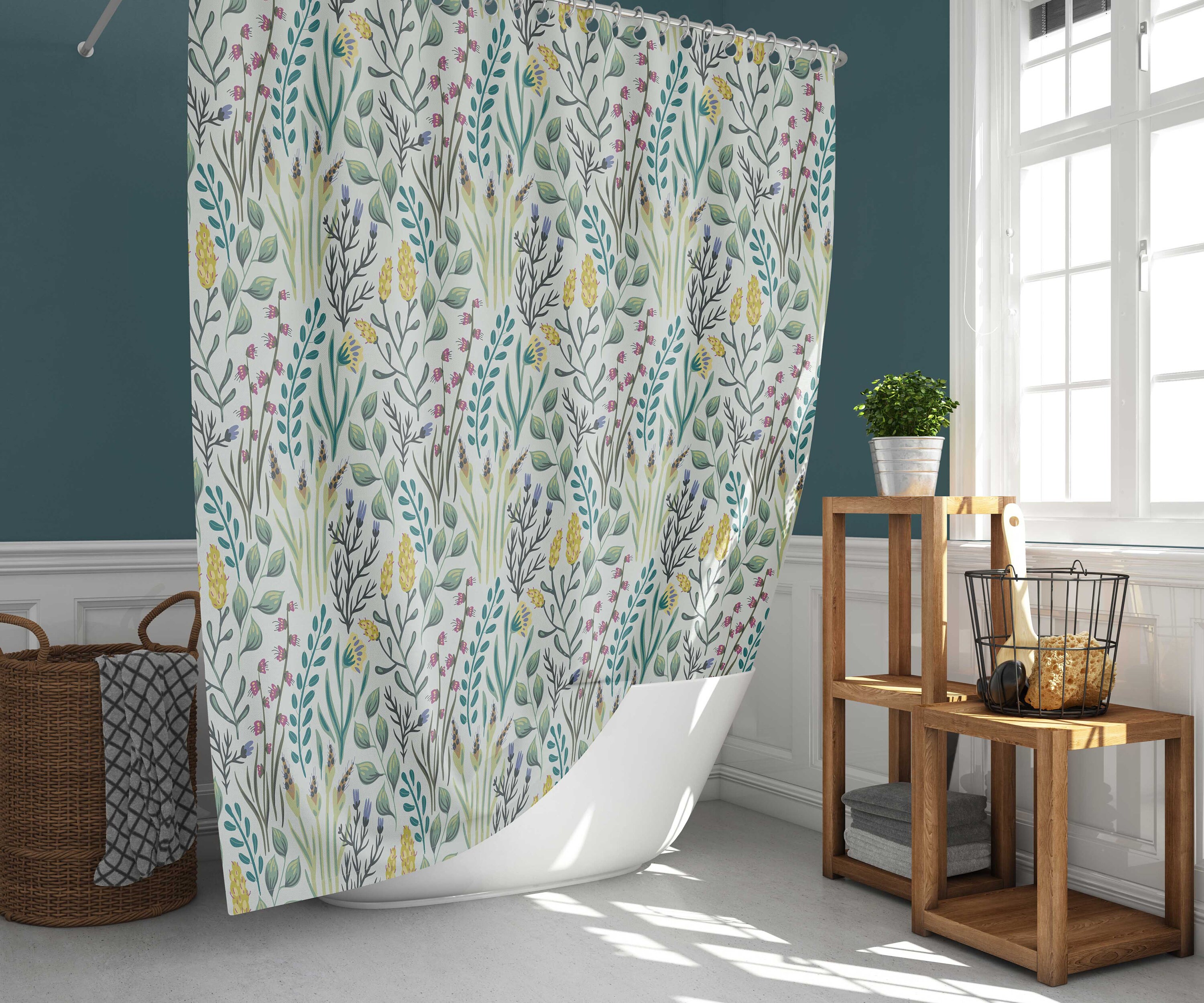 Botanical Garden Shower Curtain | Green Leaves Floral Fabric Bathroom Curtain | Home Bathroom Decor