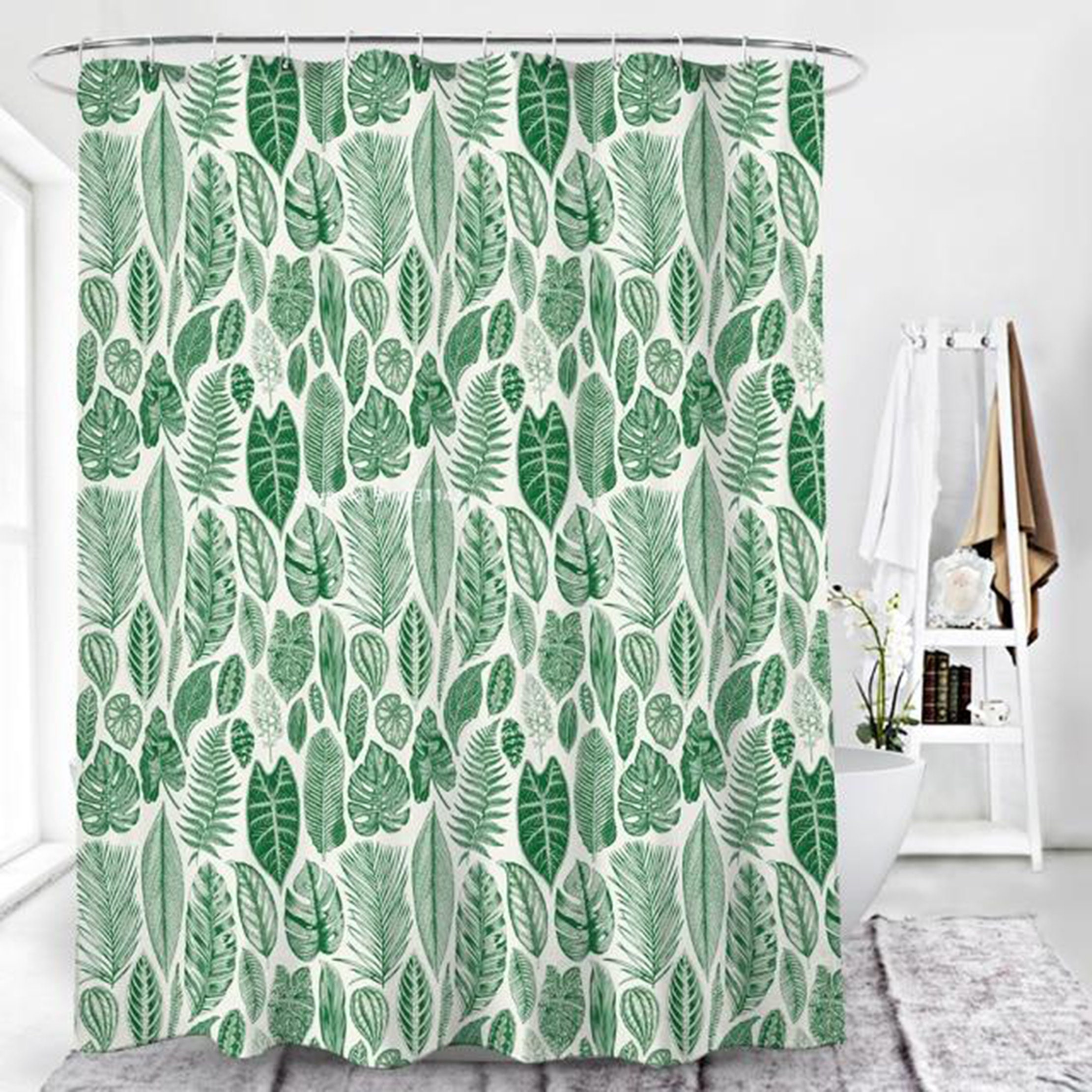 Botanical Green Leaves Shower Curtain, Monstera and Palm Trees Fabric Bathroom Decoration, Housewarming Gift Idea