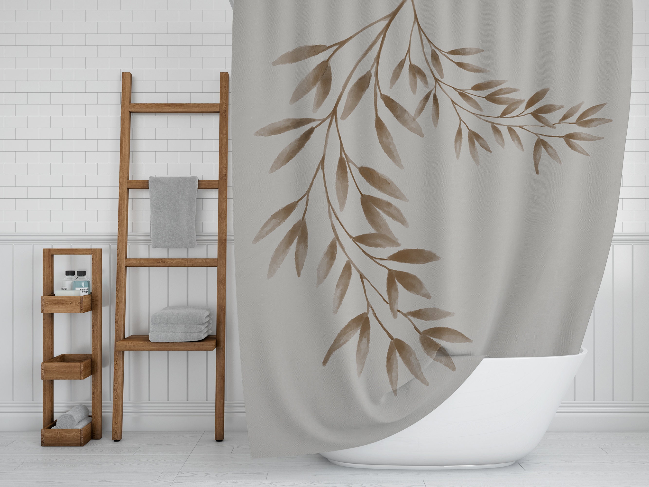 Botanical Leave Shower Curtain with Brown Leaves and Beige Background for Boho Farmhouse Decor