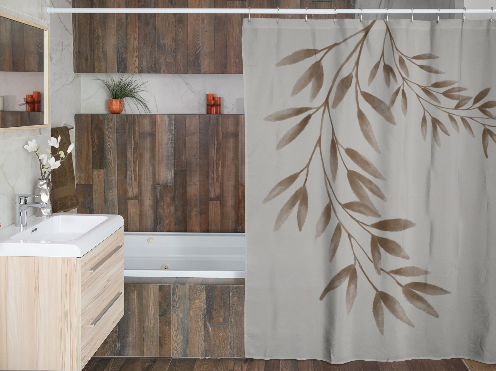 Botanical Leave Shower Curtain with Brown Leaves and Beige Background for Boho Farmhouse Decor - Image 3