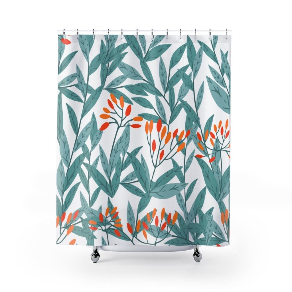 Botanical Leaves Shower Curtain | 71 x 71 inch Curtain | Floral Greenery Pattern Watercolor Bath Curtain