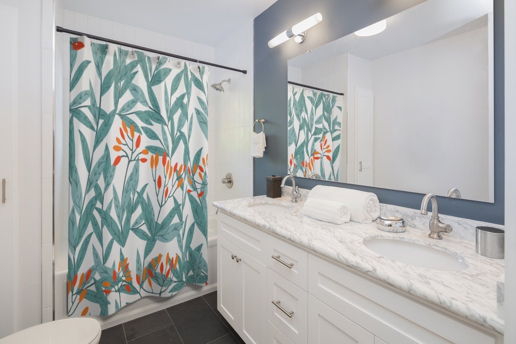 Botanical Leaves Shower Curtain | 71 x 71 inch Curtain | Floral Greenery Pattern Watercolor Bath Curtain - Image 2