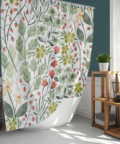 Botanical Leaves Shower Curtain | Flowers Green Garden Summer Berries | Waterproof Fabric Curtain
